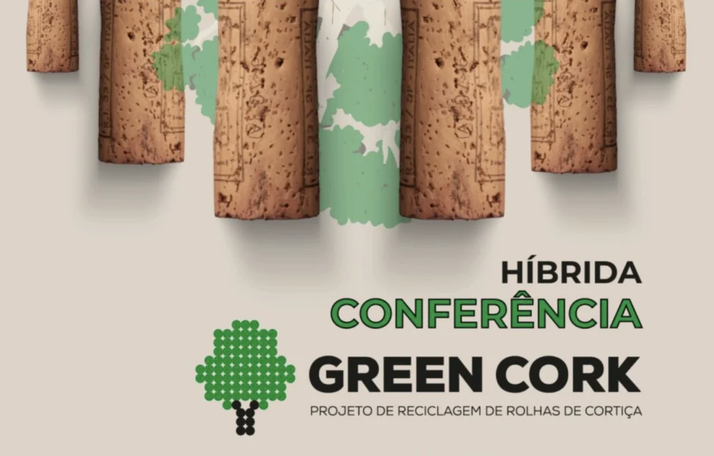 Cartaz «Híbrida Conferência Green Cork», com rolhas e o logótipo do projeto de reciclagem de rolhas de cortiça